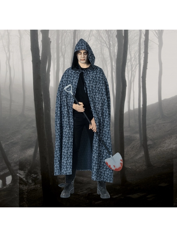 Cape Faucheuse Avec Capuche Adulte, Crânes Imprimés 1 Cape Faucheuse Avec Capuche Adulte, Crânes Imprimés