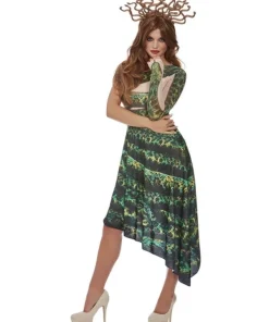 Smiffys Déguisement De Femme Méduse, Vert, (robe Asymétrique évasée Et Serre-tête à Tentacules)